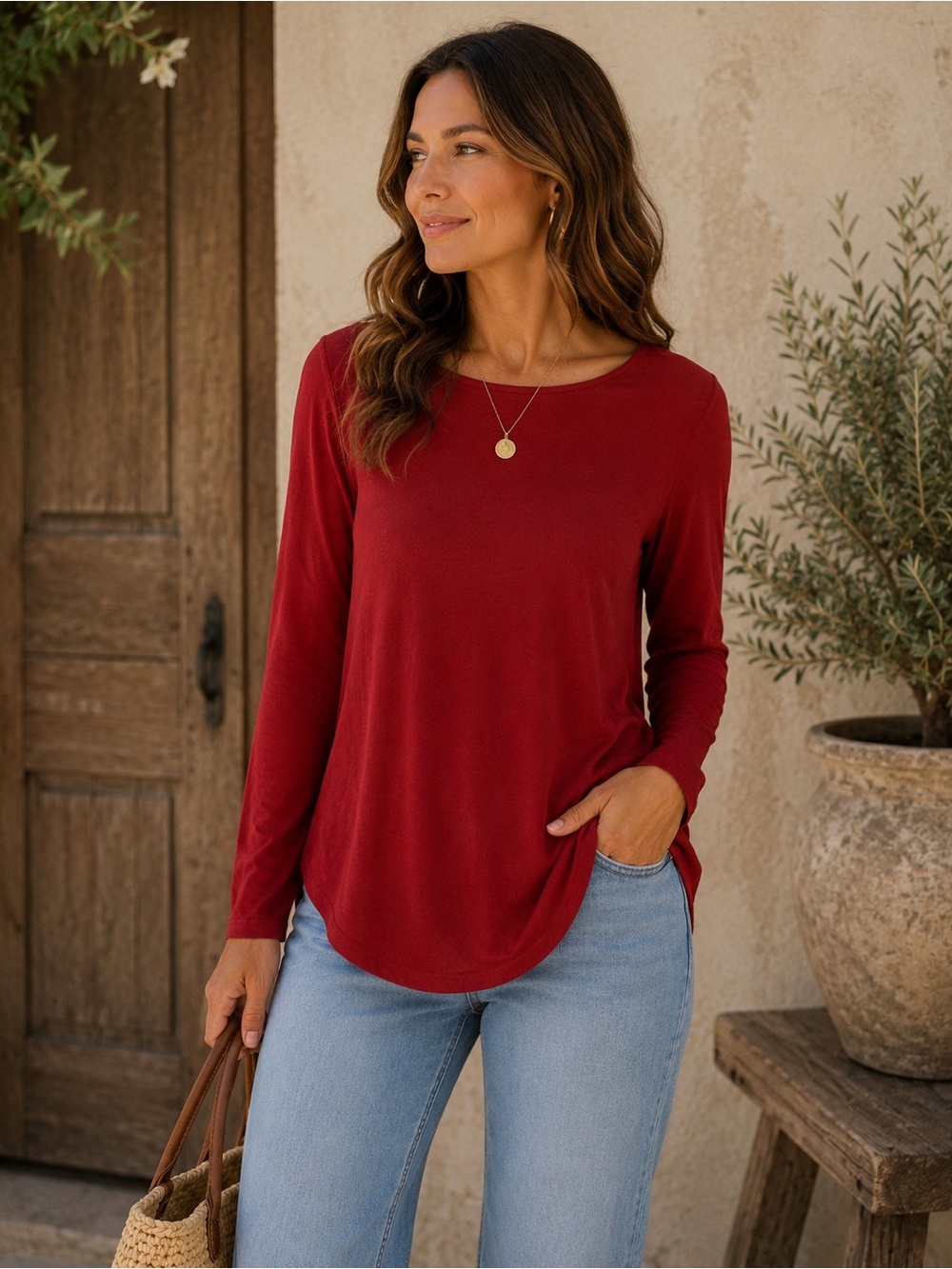 Michael Kors Red Long-Sleeve Crewneck Top